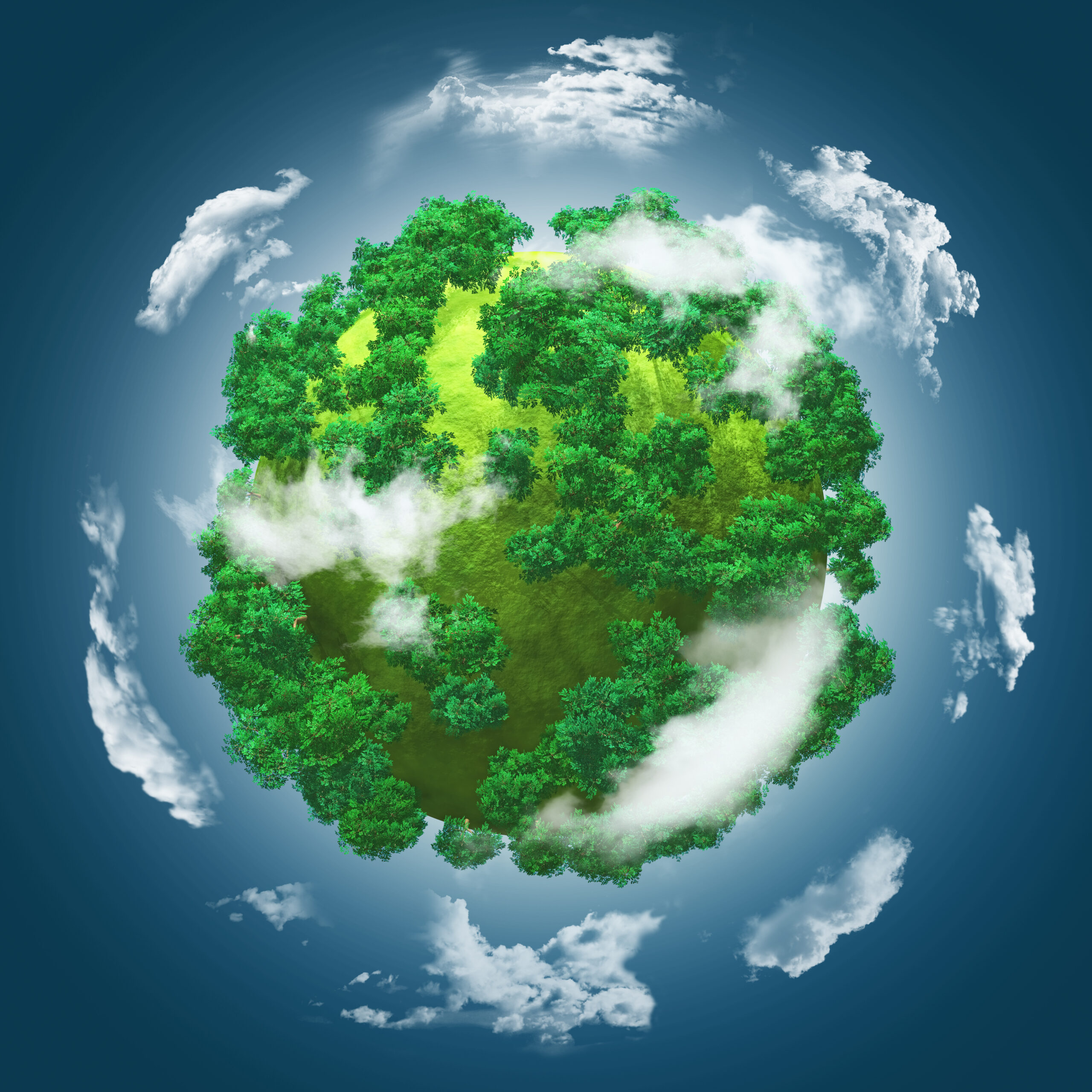 3d grassy globe with trees against a blue cloudy sky